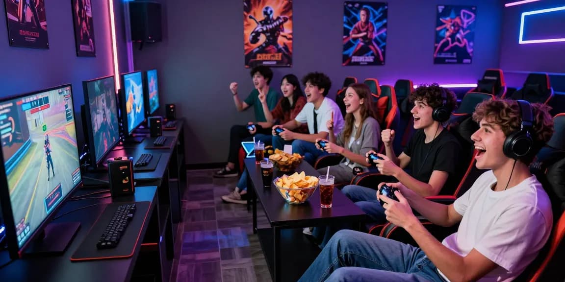 Friends enjoying hitclub gaming together in a vibrant lounge with snacks and ambient lighting.