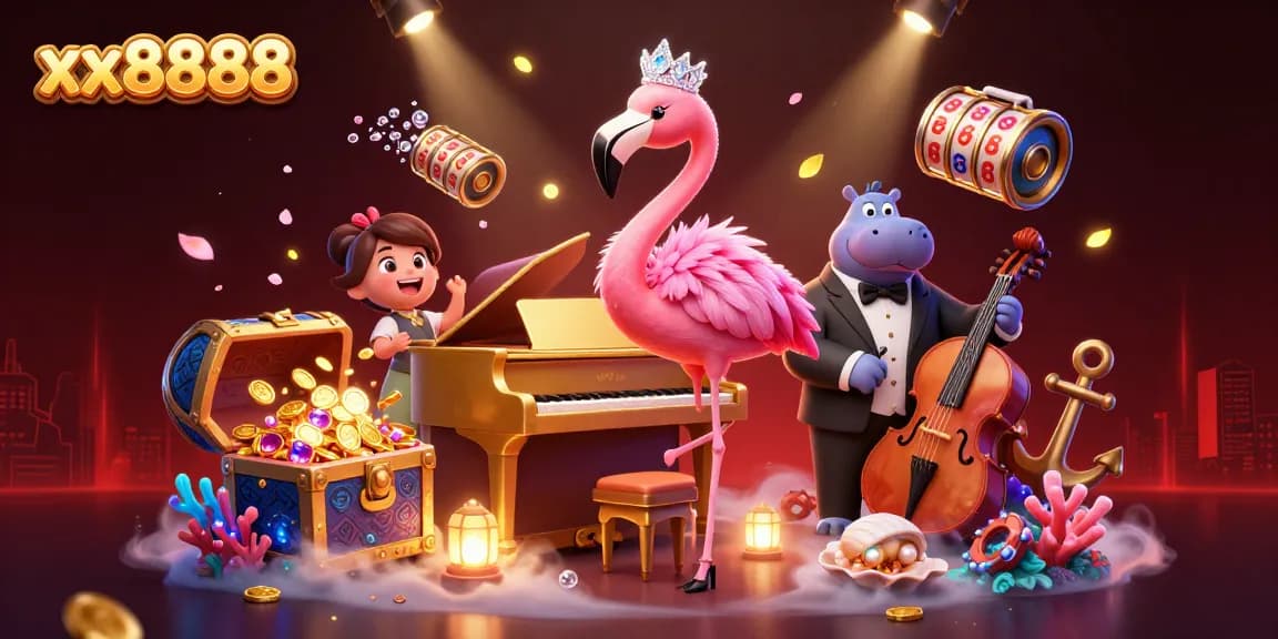 Experience winnings at xx8888 with a vibrant casino scene featuring a flamingo singer and hippo bassist.