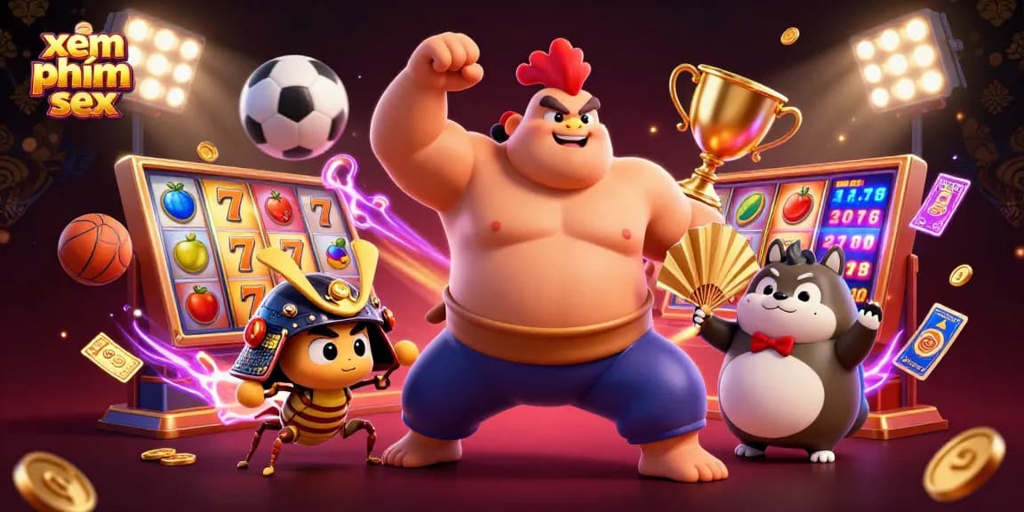 Bet on xem phim sex with a dynamic casino scene featuring a sumo wrestler, cricket, and tanuki, rich with casino elements.
