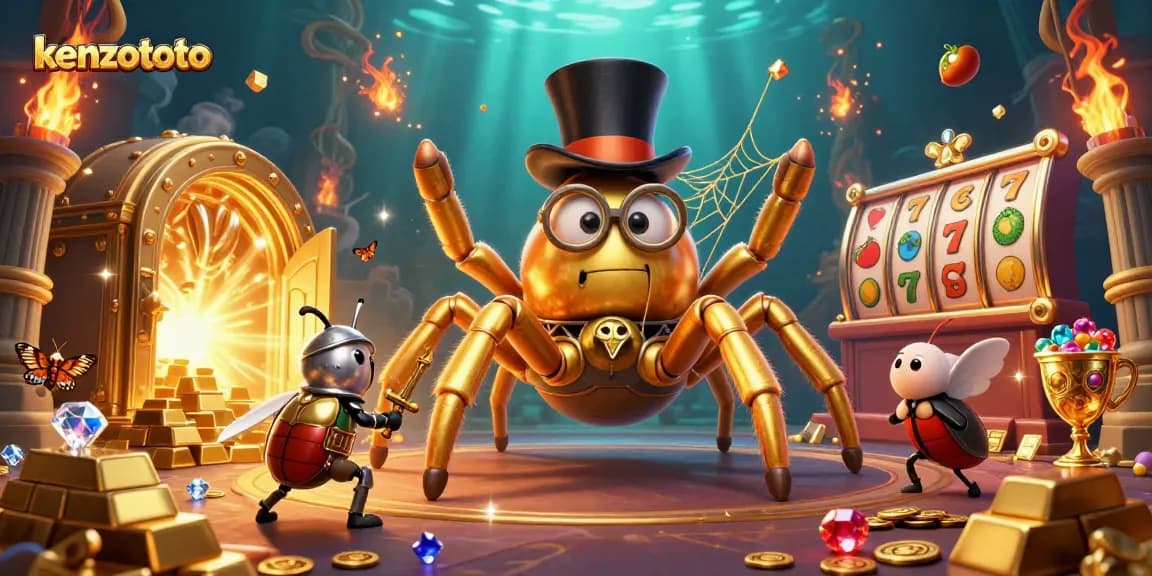 Kenzototo offers a thrilling slots experience with a vibrant scene of a cartoon character adventure in a casino atmosphere.