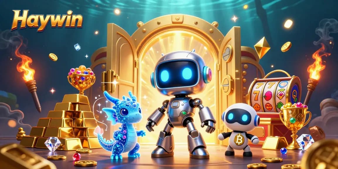 Haywin's exciting slot games illustrated with a vibrant 3D scene featuring a cyberpunk robot and treasures.
