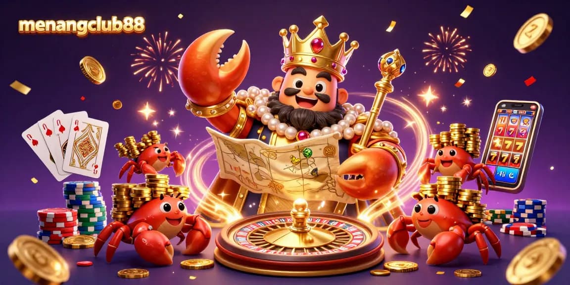 Experience exciting wins with menangclub88 in this vibrant casino illustration filled with gold and gems.