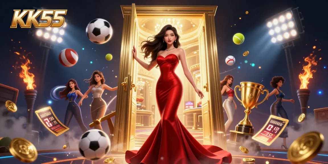 Engage in the thrill of KK55 casino with stunning visuals of a beautiful Asian woman in a glamorous setting.