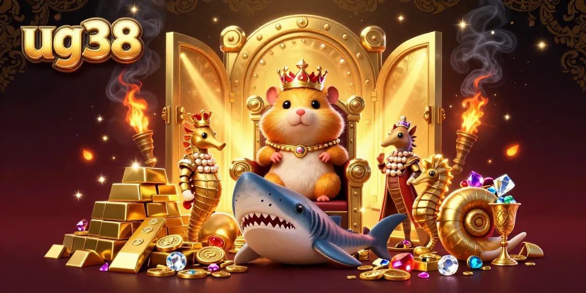 Experience the thrill of ug38 gaming with a unique illustration featuring the golden hamster king and treasure.