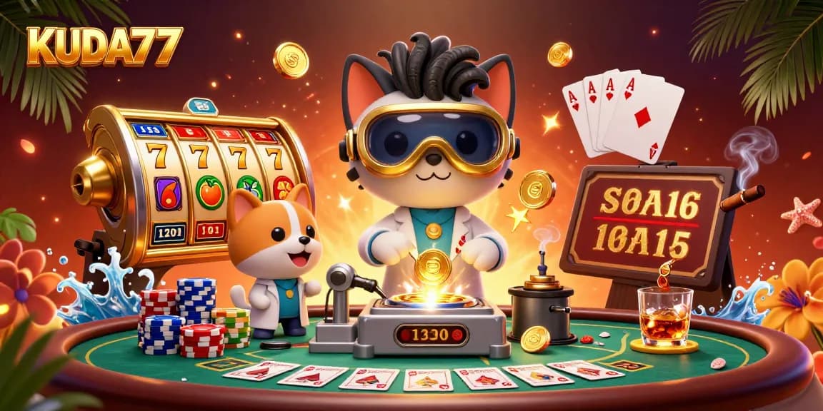 Menghadirkan KUDA77 dengan kucing ilmuwan gila dan anjing asisten di mesin uang, bermain slot dan poker.