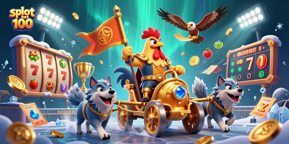 Experience the excitement of slot bet 100 with vibrant reels, coins, and a cartoon warlord in casino action.