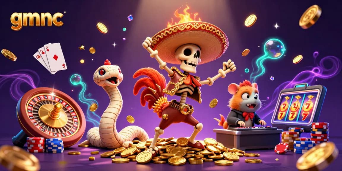 Experience gmnc's vibrant world of online gambling with a dancing mariachi rooster and festive elements.