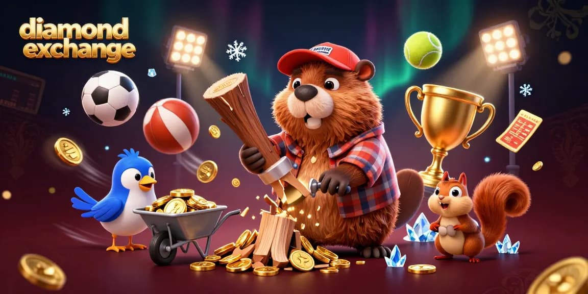 Engage in diamond exchange betting markets with energetic visuals of sports elements and cartoon characters.
