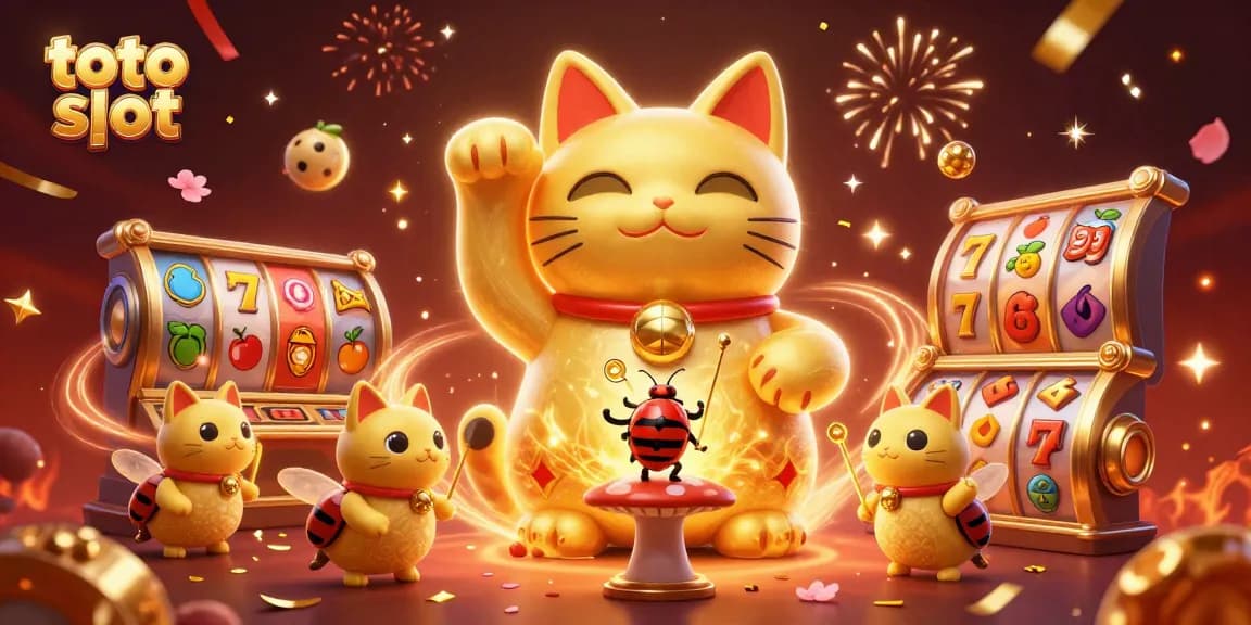 Menangkan sesi bermain toto slot dengan simbol kasino yang berkilau dan karakter lucu di latar belakang yang cerah.