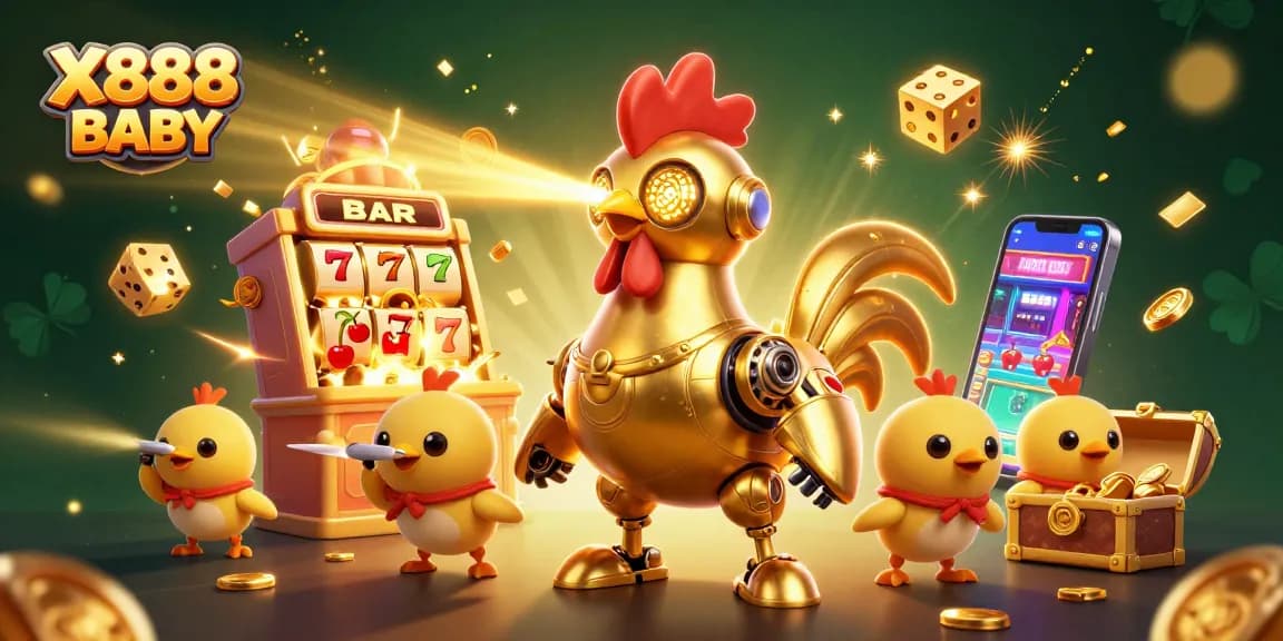 X888 BABY showcases exciting casino themes with a golden rooster and baby chick drones amidst bursting slot machines and gold.