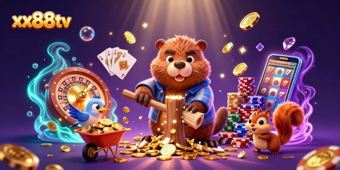 Win big with xx88tv's exciting beaver-themed casino adventure, featuring gold coins and vibrant gaming elements.