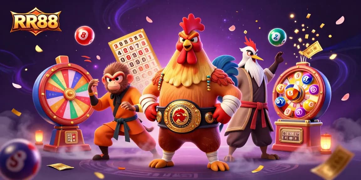 RR88 lottery excitement with vibrant characters celebrating big wins, colorful dynamic elements all around.