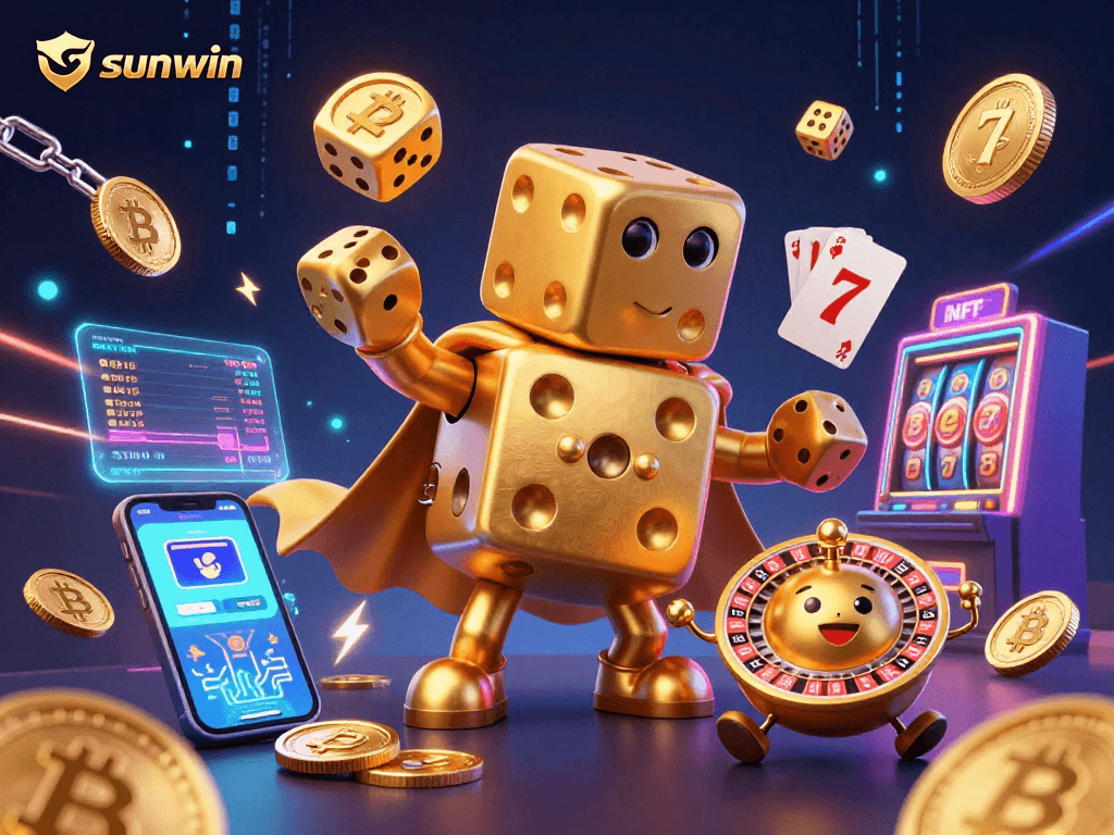 Engage with sunwin's exciting slots through vibrant images of golden dice and crypto elements.