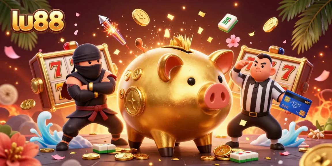 Experience thrilling gameplay at lu88 with a dynamic scene of slot reels, golden coins flying, and vibrant casino elements.