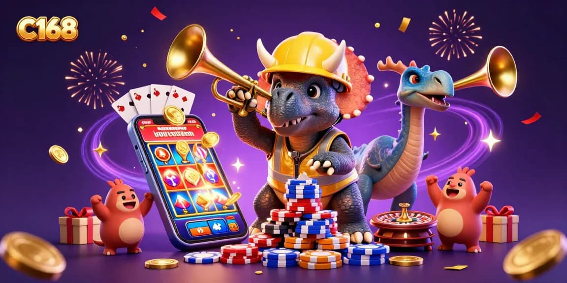 C168 brings excitement with a 3D triceratops and celebrations of poker chips amid gaming elements.