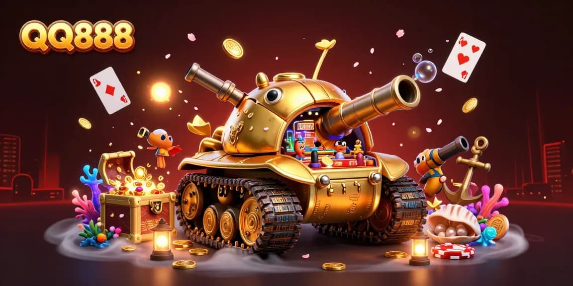 Experience the thrilling game adventure at QQ888 with immersive scenes of a mini casino in a golden beetle tank.