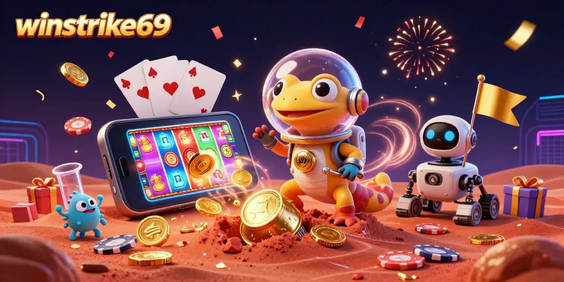 Engage with winstrike69's vibrant casino adventure featuring Martian gecko and roulette elements.