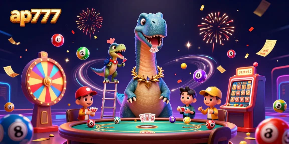 Engage with ap777 at a vibrant casino scene featuring dynamic game elements, a tall brontosaurus, and a clever raptor dealer.