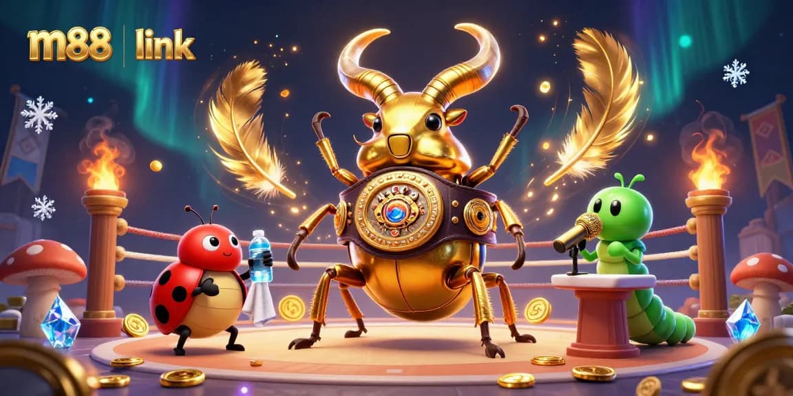 Experience thrilling m88 link action with a giant beetle boxer and friends in an epic gambling arena.