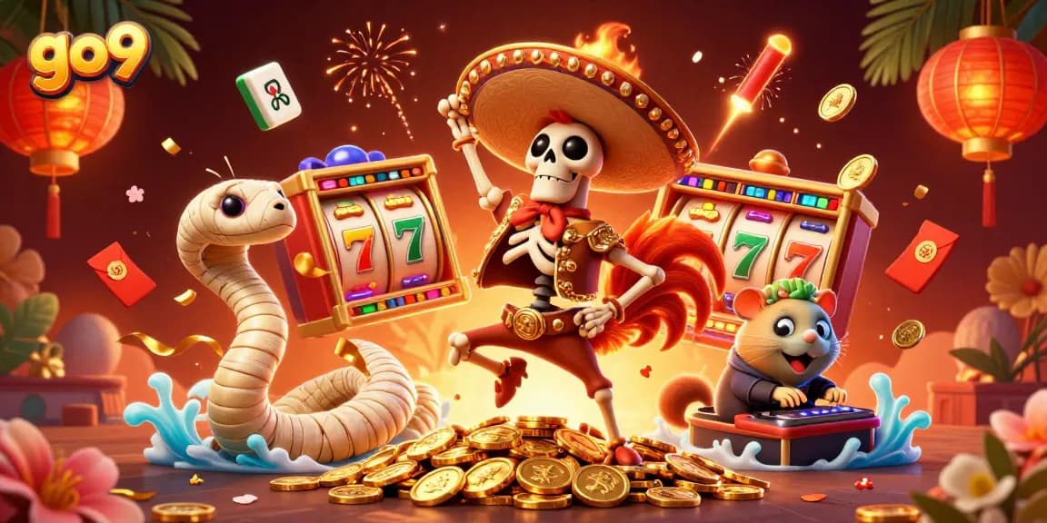 Celebrate with go9's exciting casino scene featuring thrilling slots, golden coins, and lively characters.
