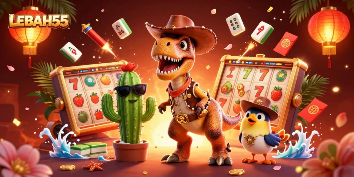 Join the excitement of LEBAH55 with a thrilling scene of a T-Rex and friends at a vibrant casino.