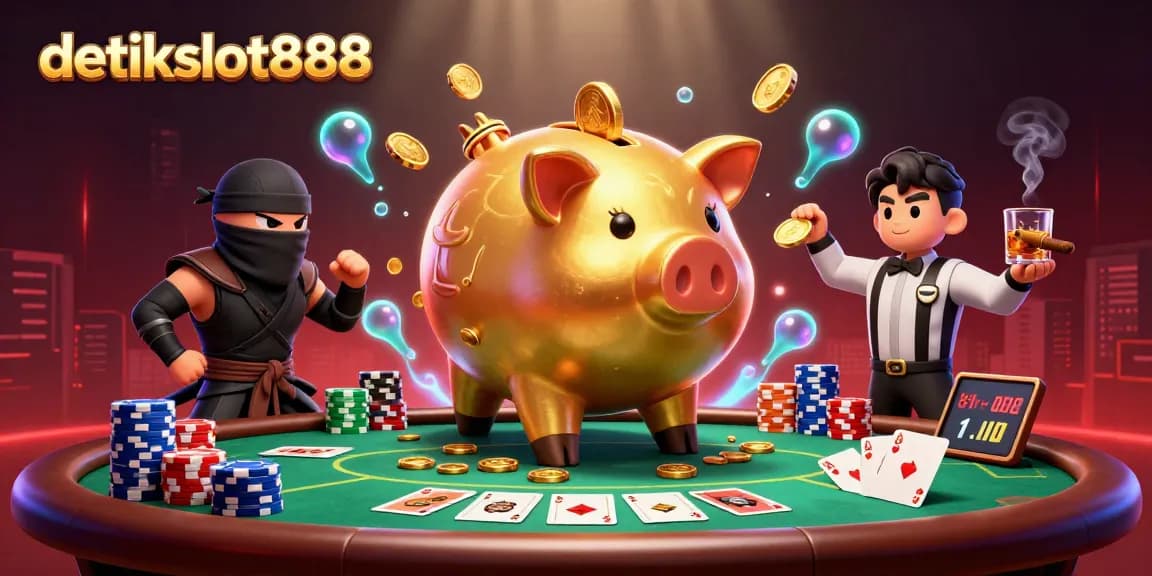 Experience the thrill of detikslot888 with a golden piggy bank sumo wrestler winning on a vibrant casino stage.
