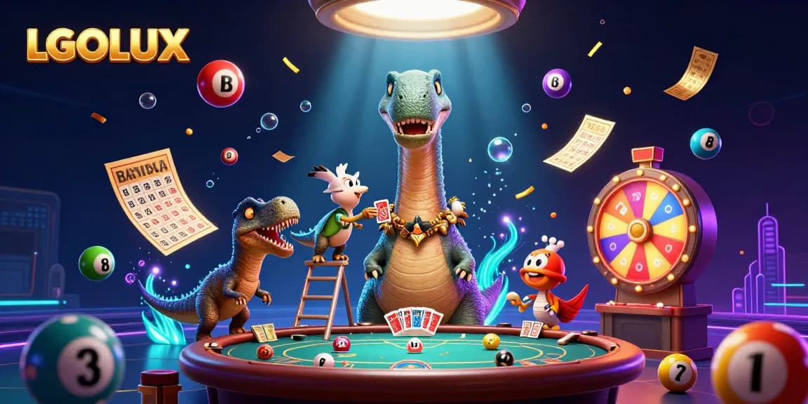 Engage with LGOLUX's vibrant gaming world showcasing a massive brontosaurus and clever raptor in this dynamic casino scene.
