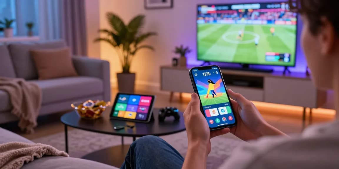 Engaging user enjoying the 123b app in a cozy living room.