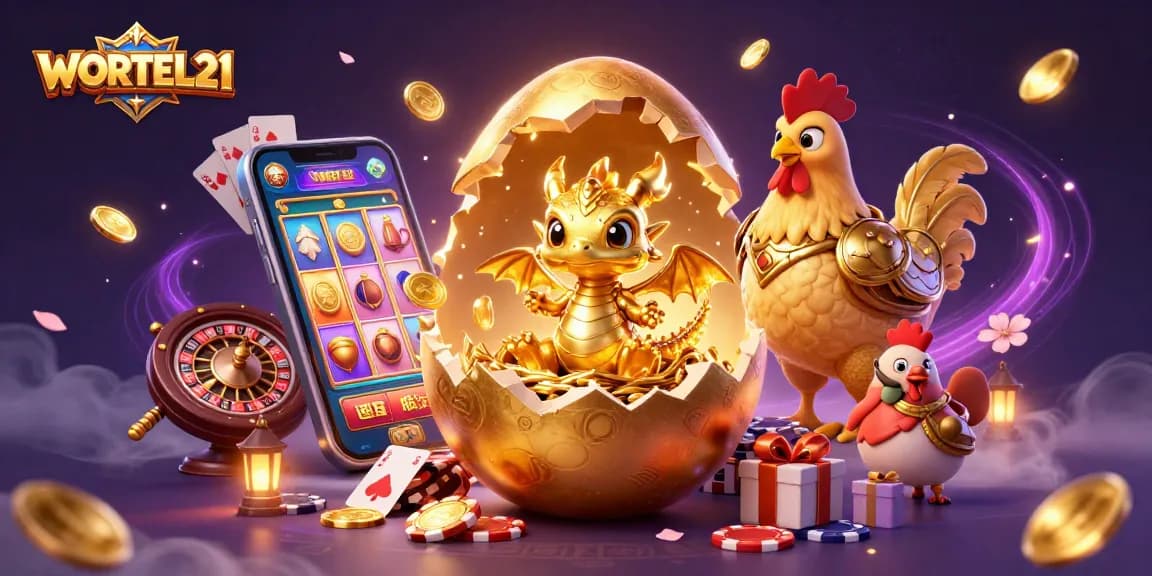 Engage with WORTEL21 gaming as a golden dragon emerges surrounded by casino symbols.