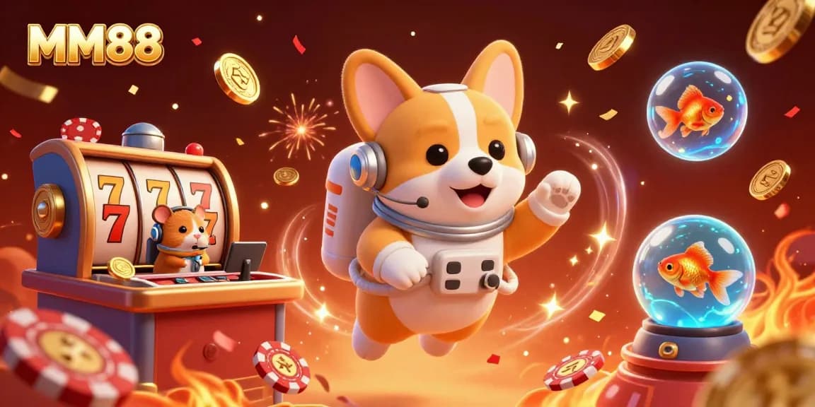 Join the excitement at MM88 with a floating astronaut corgi enjoying casino life and jackpots!