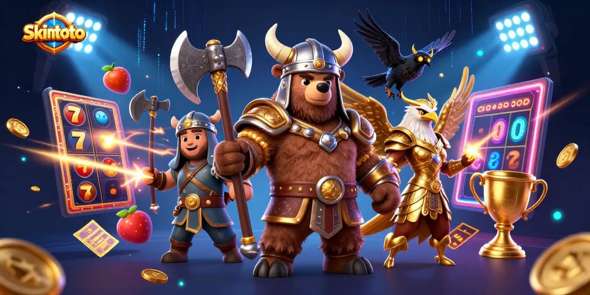 Visualisasi slot bernama skintoto dengan karakter Viking dan elemen jackpot yang dinamis.