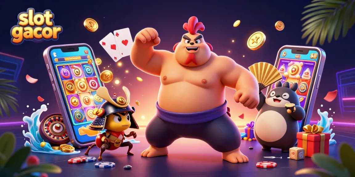 Gambarlah slot gacor yang menarik dengan karakter dan elemen kasino.