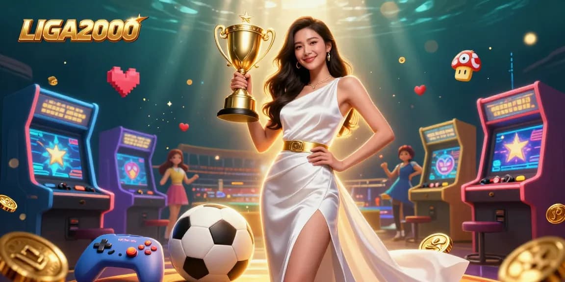 LIGA2000 menampilkan adegan kemenangan dengan trofi menakjubkan dan elemen arcade yang cerah, melambangkan permainan dengan taruhan tinggi.