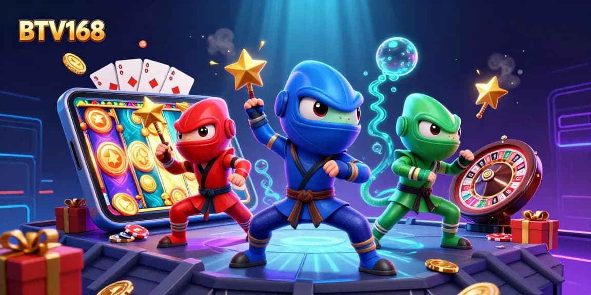 BTV168 showcases a team of ninja chameleons in casino action with slot game elements erupting for excitement.