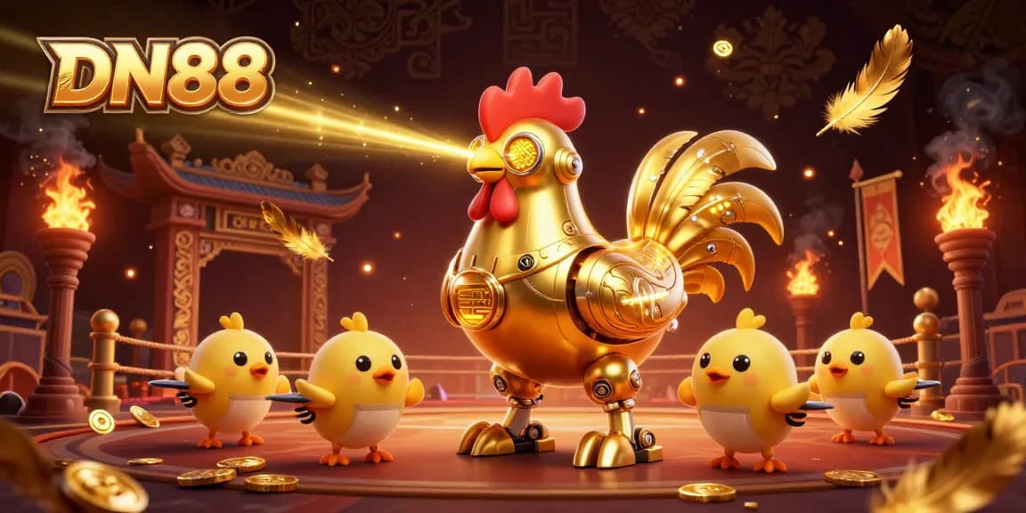 Engage in the excitement of DN88: a golden rooster robot and baby chicks dominate a vibrant casino scene.