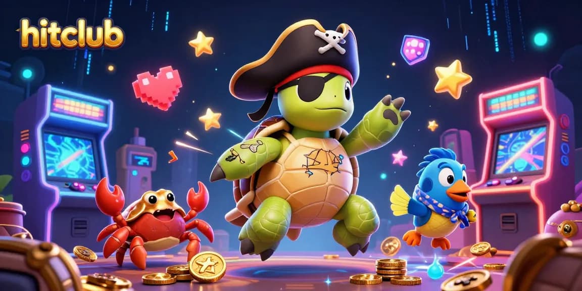 Engage with hitclub's vibrant animated scene featuring a pirate turtle, crab, and parrotfish amidst arcade game action.