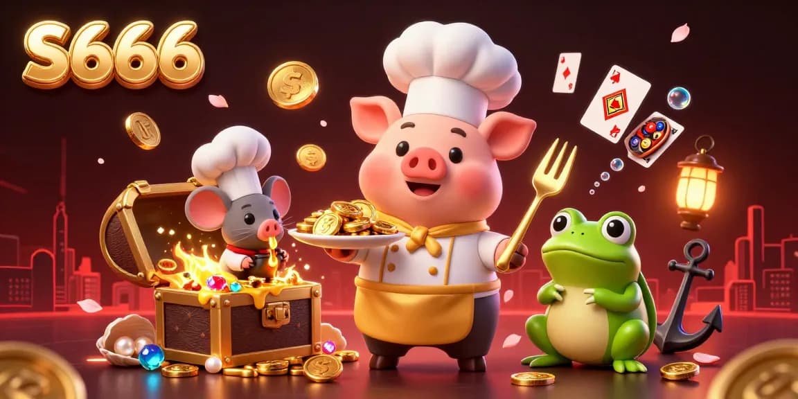 Join the excitement at S666 with a vibrant casino-themed scene featuring a chef pig serving gold coins in a dynamic atmosphere.