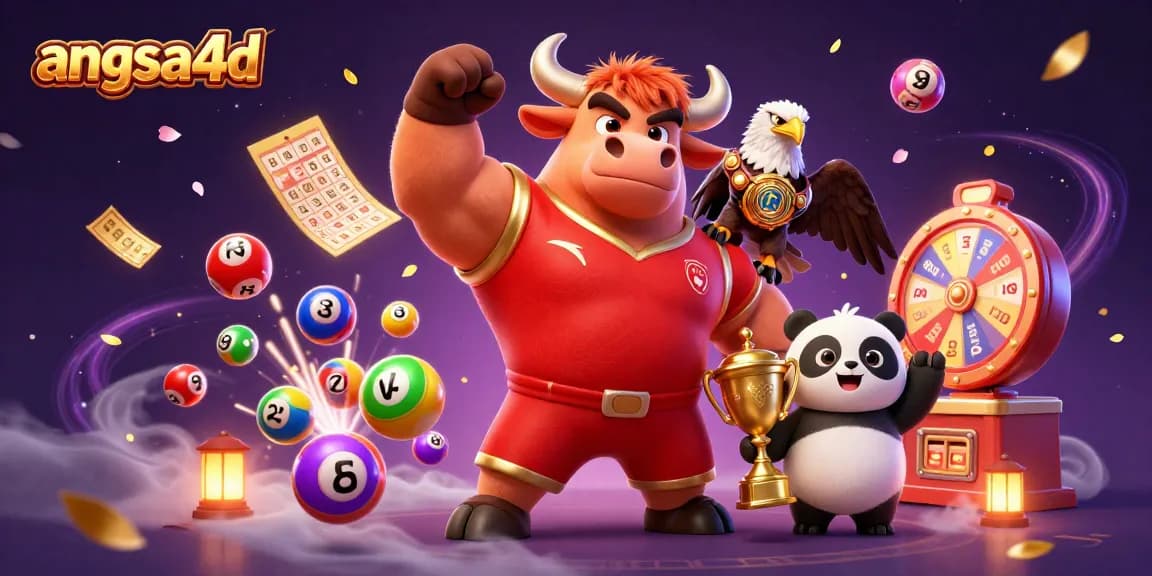 Experience the excitement of angsa4d with a vibrant illustration featuring jackpot elements and casino mascots.