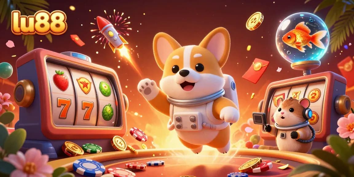 Engage in exciting gameplay with lu88 in this vibrant space-themed casino scene featuring 3D characters and dynamic elements.
