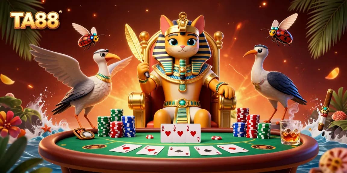 TA88 poker scene with Egyptian pharaoh cat and scribe, vibrant casino elements