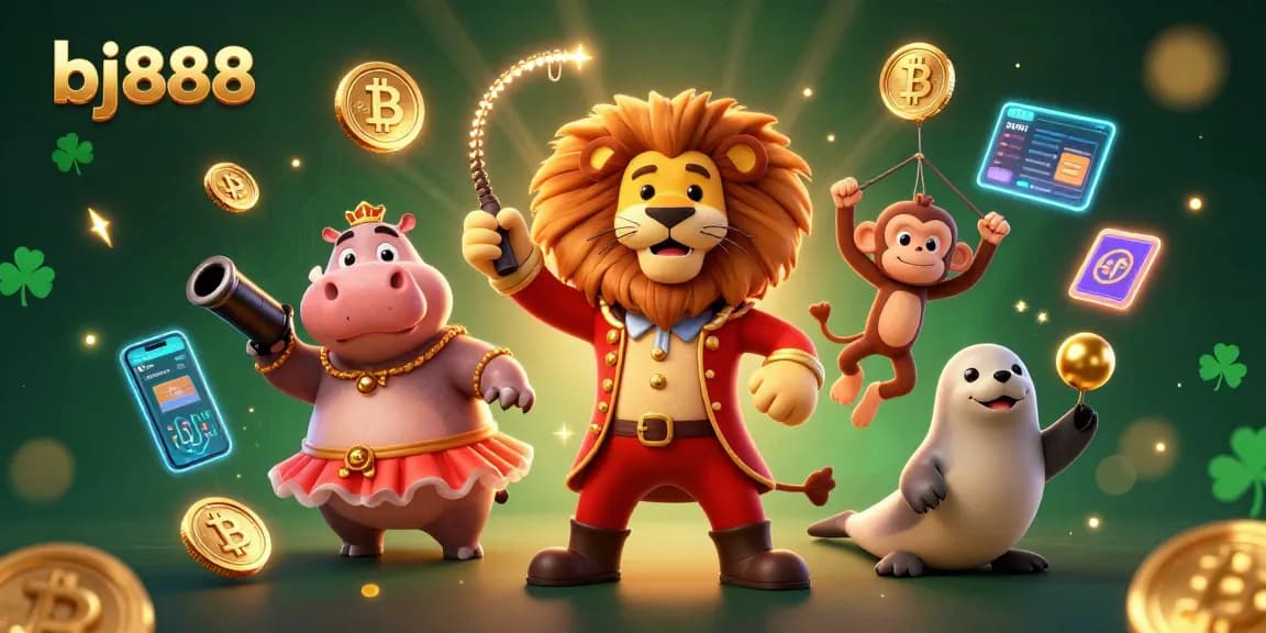 BJ888 showcases a dynamic casino scene with 3D carousel characters and vibrant gaming elements.