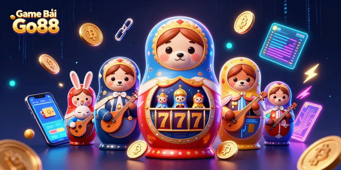Engage with Game Bài Go88 through vibrant casino-themed 3D digital art featuring dynamic characters and crypto elements.