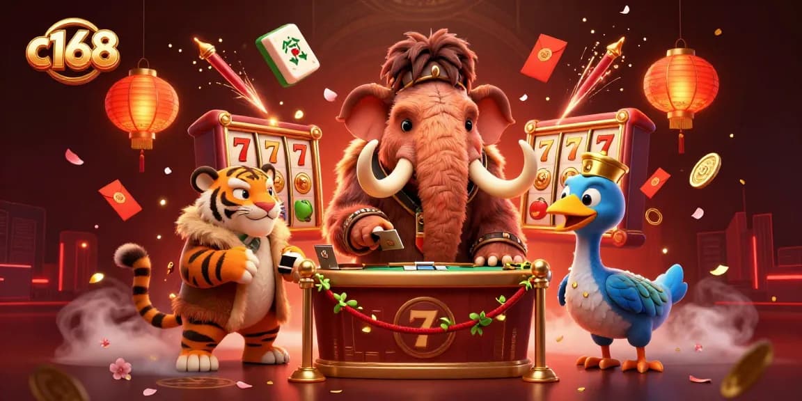 c168 showcases a vibrant casino scene with a woolly mammoth bouncer and a saber-tooth tiger VIP.