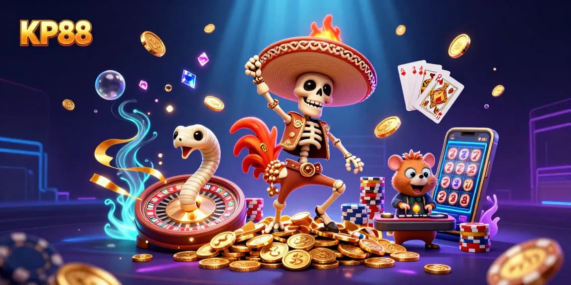 Win big with KP88: a 3D illustration of characters celebrating casino success with coins and cards.