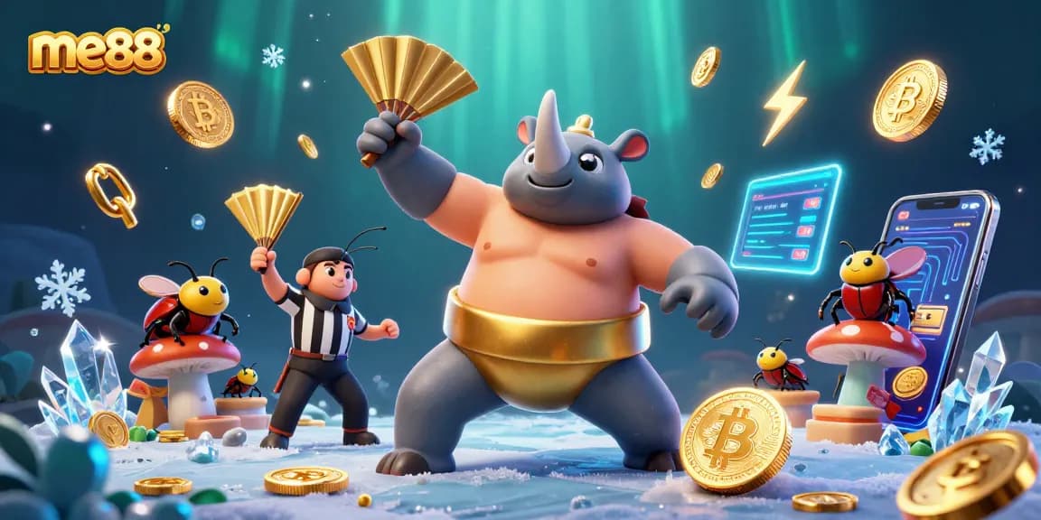 Experience thrilling action with me88's dynamic 3D scene featuring a beetle sumo champion amidst coins and crypto elements.