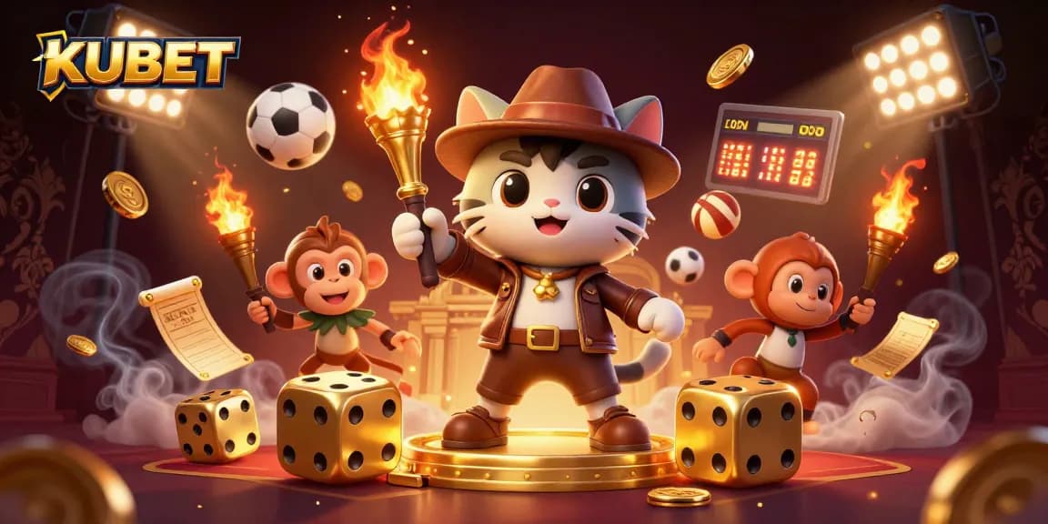 KUBET reveals golden casino artifacts in a 3D adventure with sports elements and lively characters.