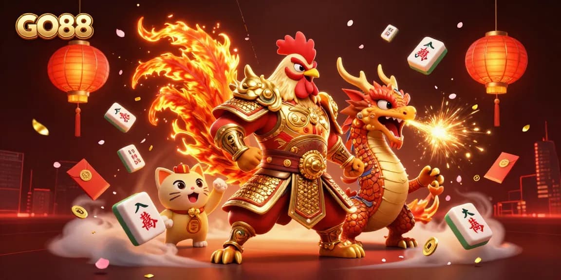 Experience thrilling wins at GO88 with vibrant 3D casino elements in this dynamic illustration.