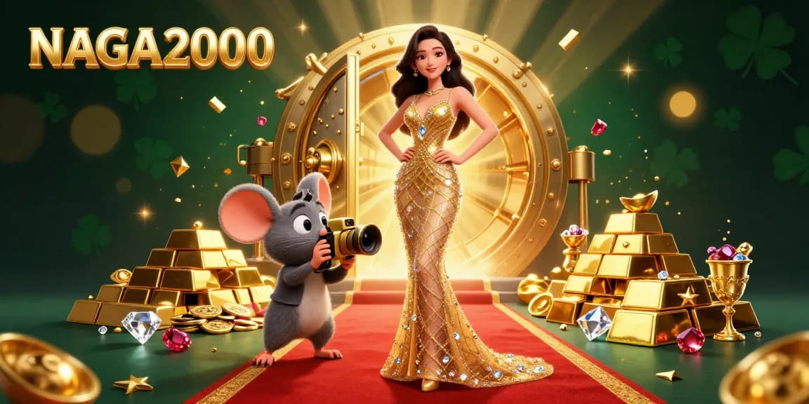 NAGA2000 mempersembahkan ilustrasi 3D yang menakjubkan menampilkan karakter glamor di tengah harta karun kasino.