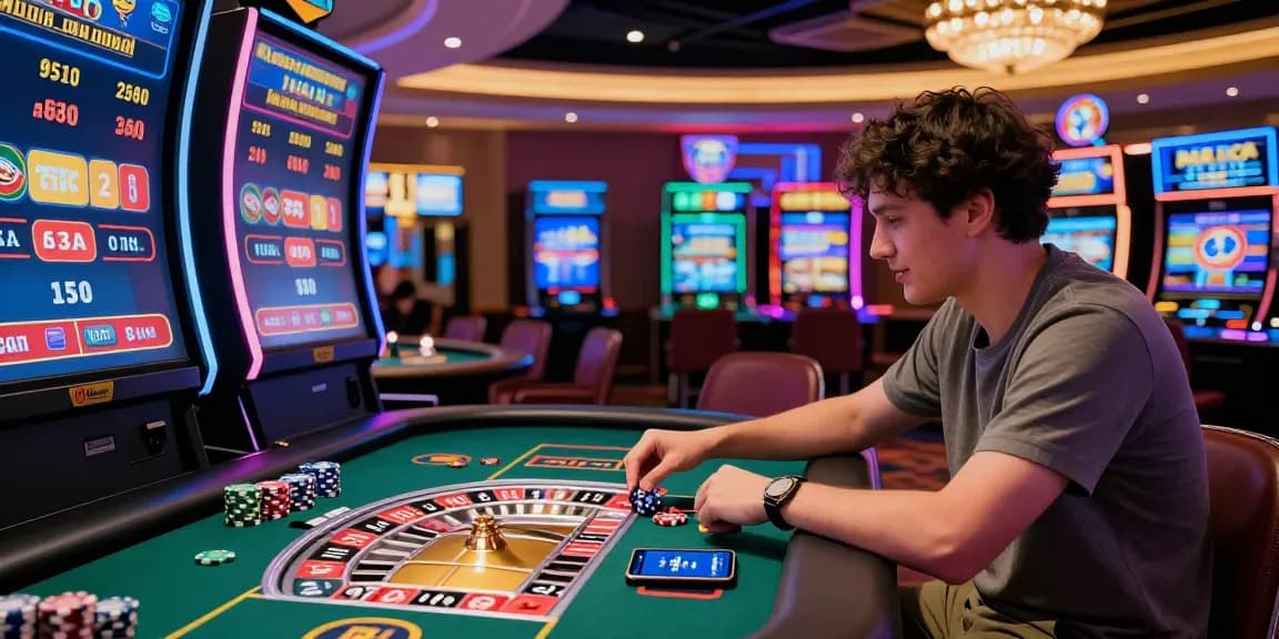 Engaging player at 78win virtual casino, enjoying roulette with vibrant surroundings.