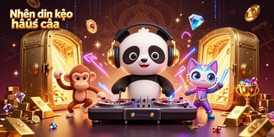 Engaging Nhận định kèo nhà cái scene with 3D DJ panda and animated characters celebrating in a dynamic casino atmosphere.
